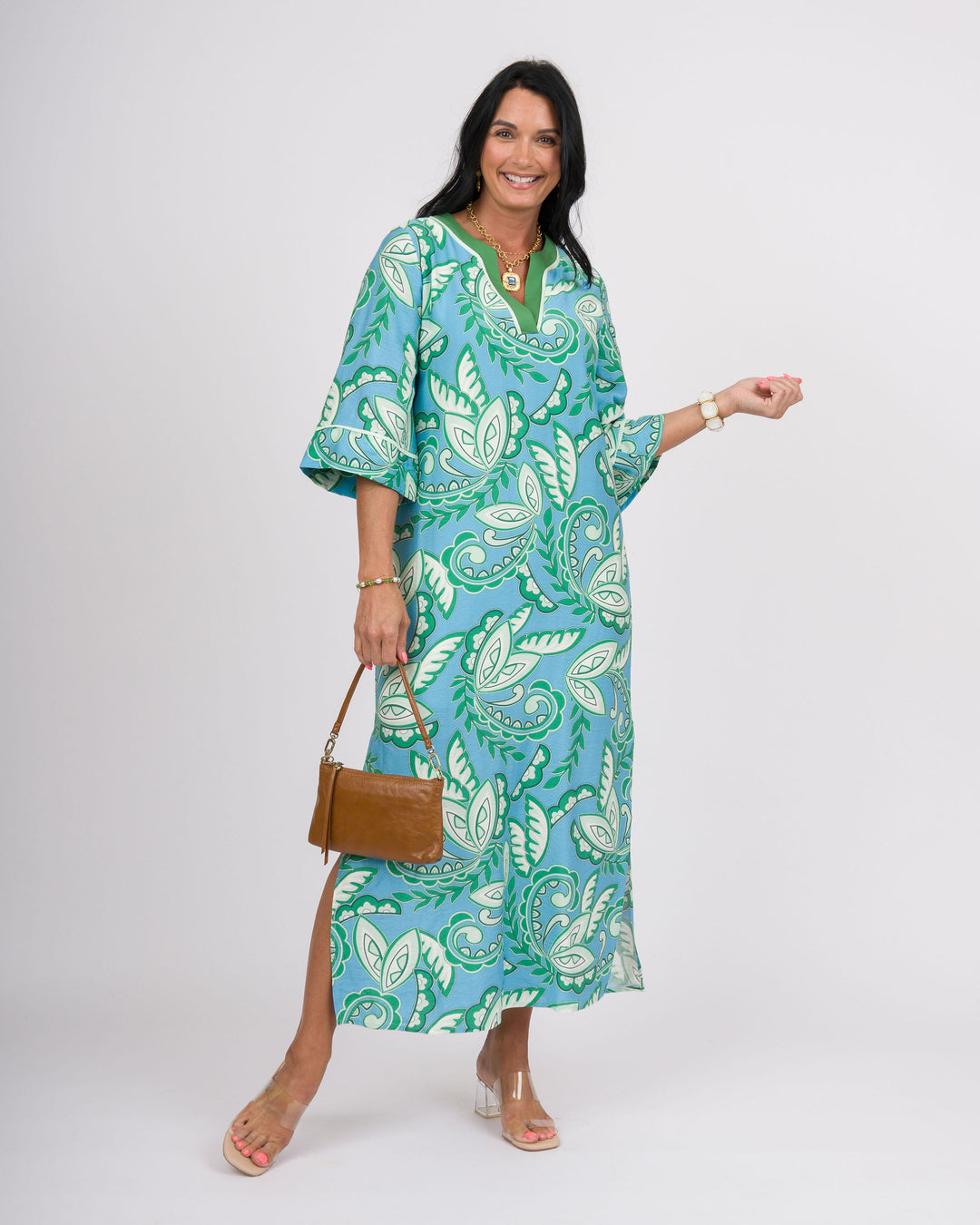 Green Paisley Trimmed Maxi Dress