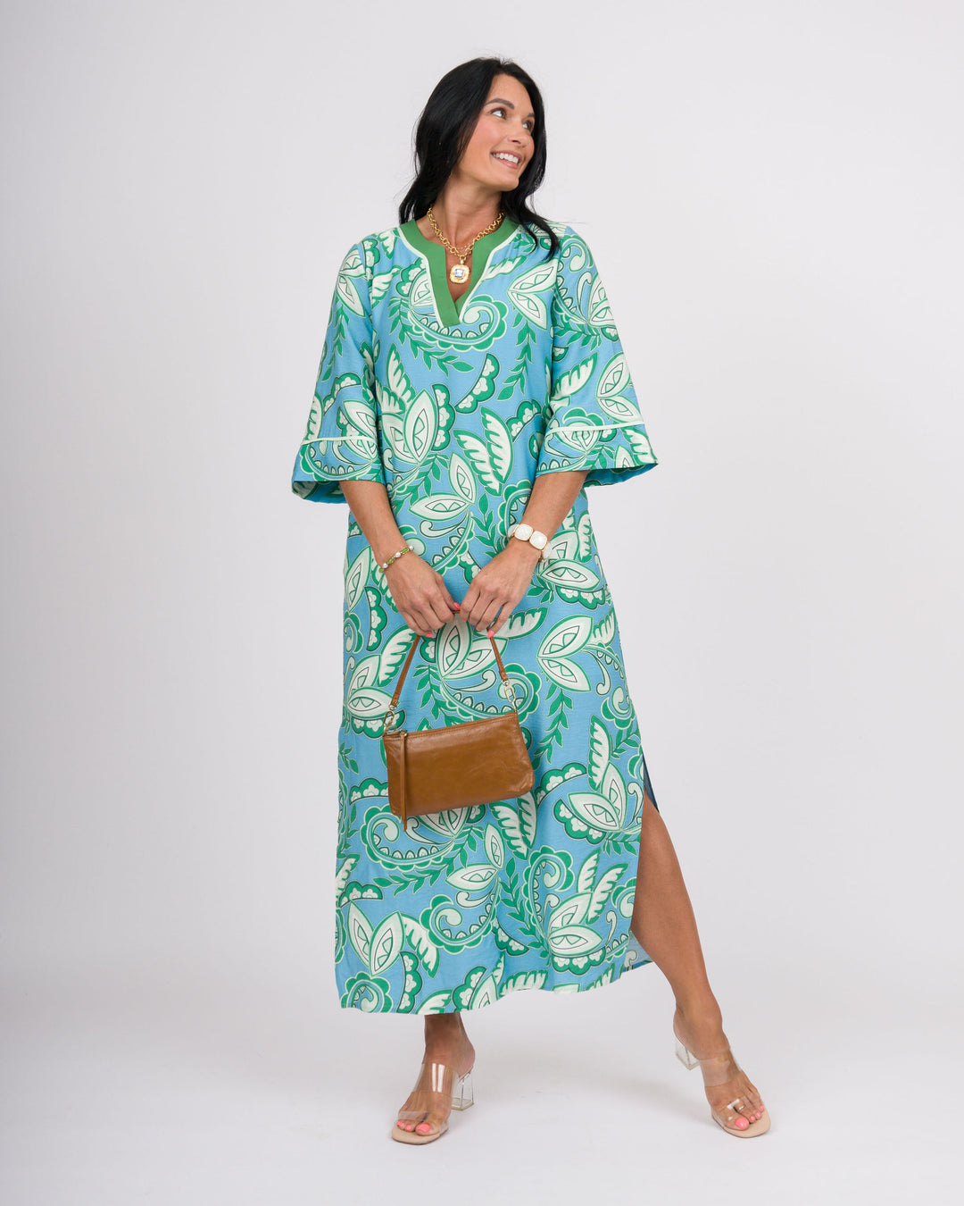 Green Paisley Trimmed Maxi Dress