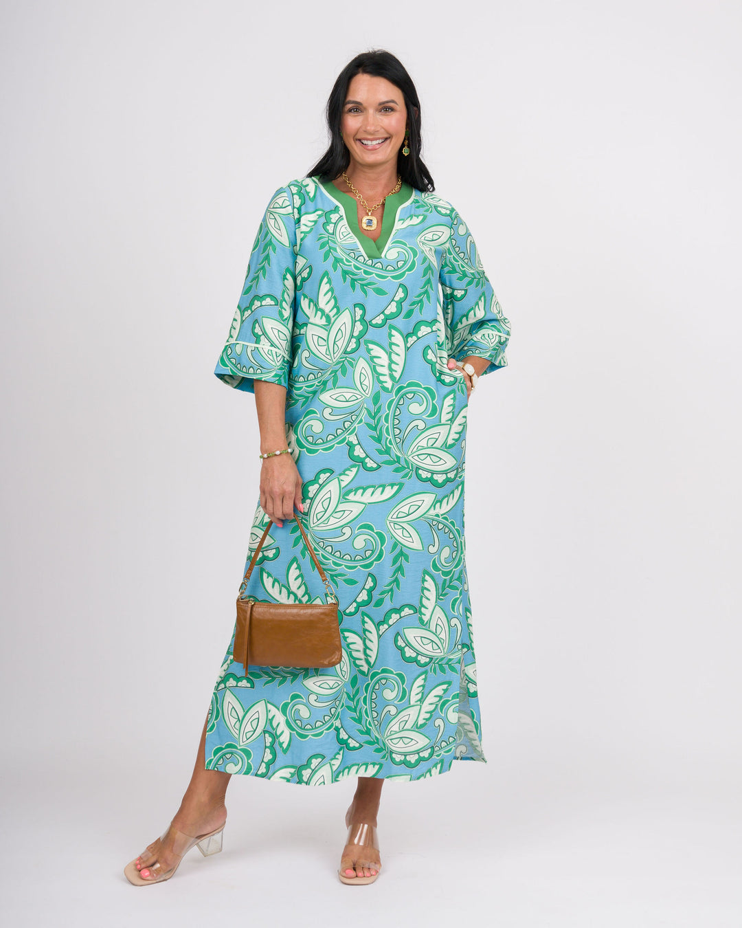 Green Paisley Trimmed Maxi Dress