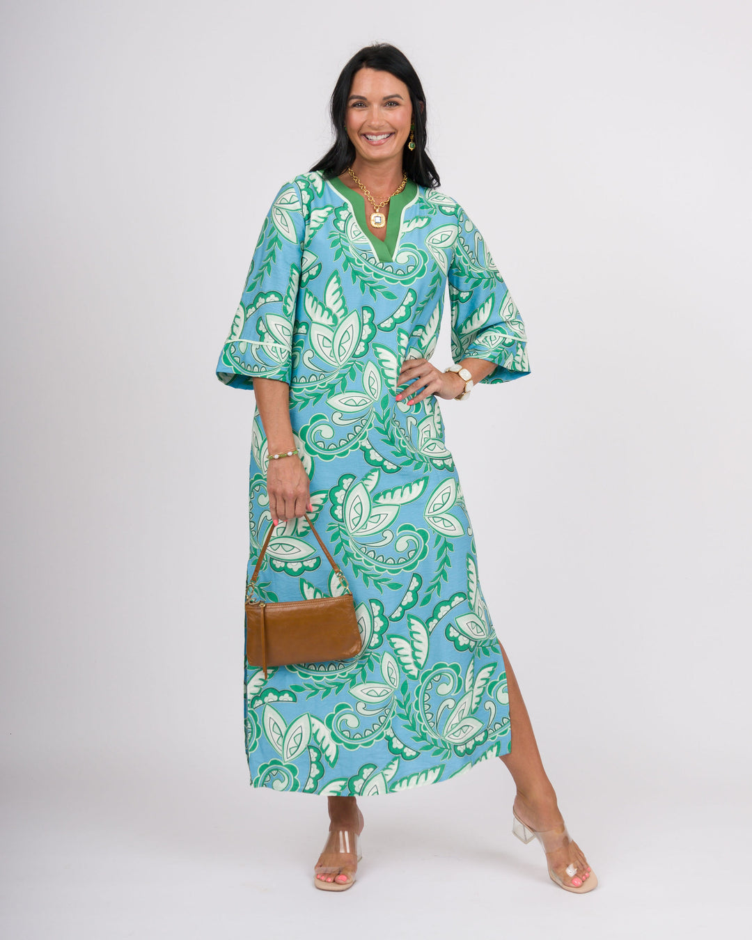 Green Paisley Trimmed Maxi Dress