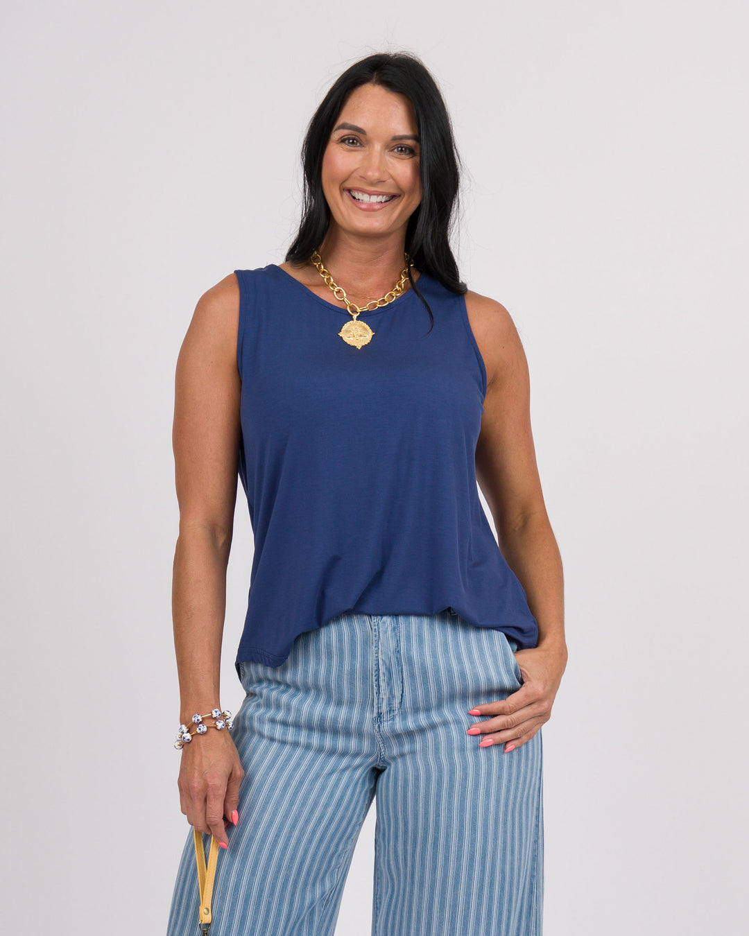 Erin Pleat Back Tank Top - Navy