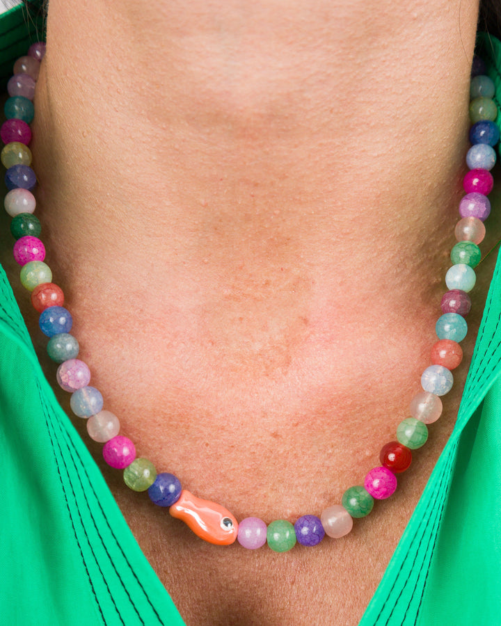 Multi Stone Bead Orange Fish Necklace