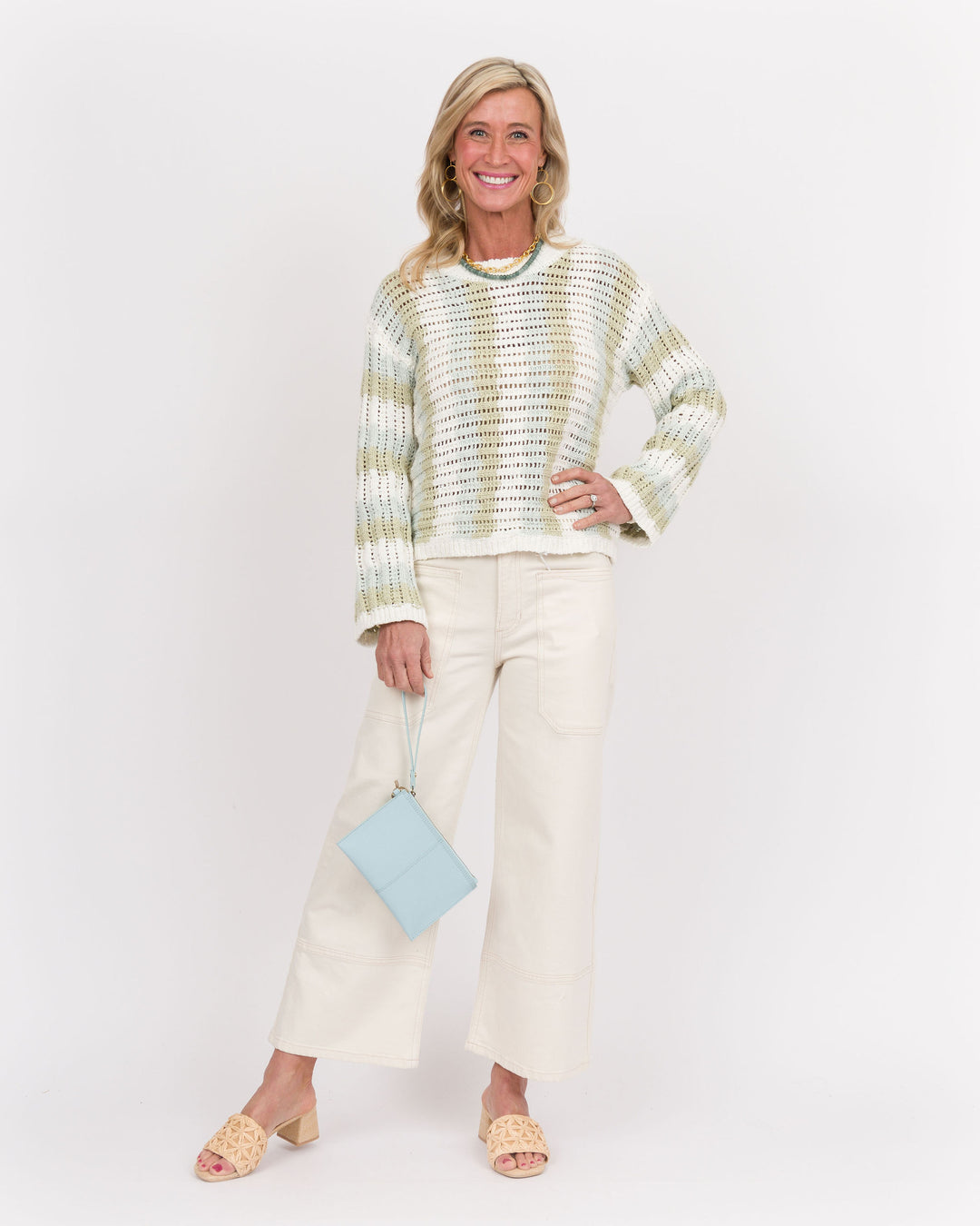 White Green Blue Striped Sweater
