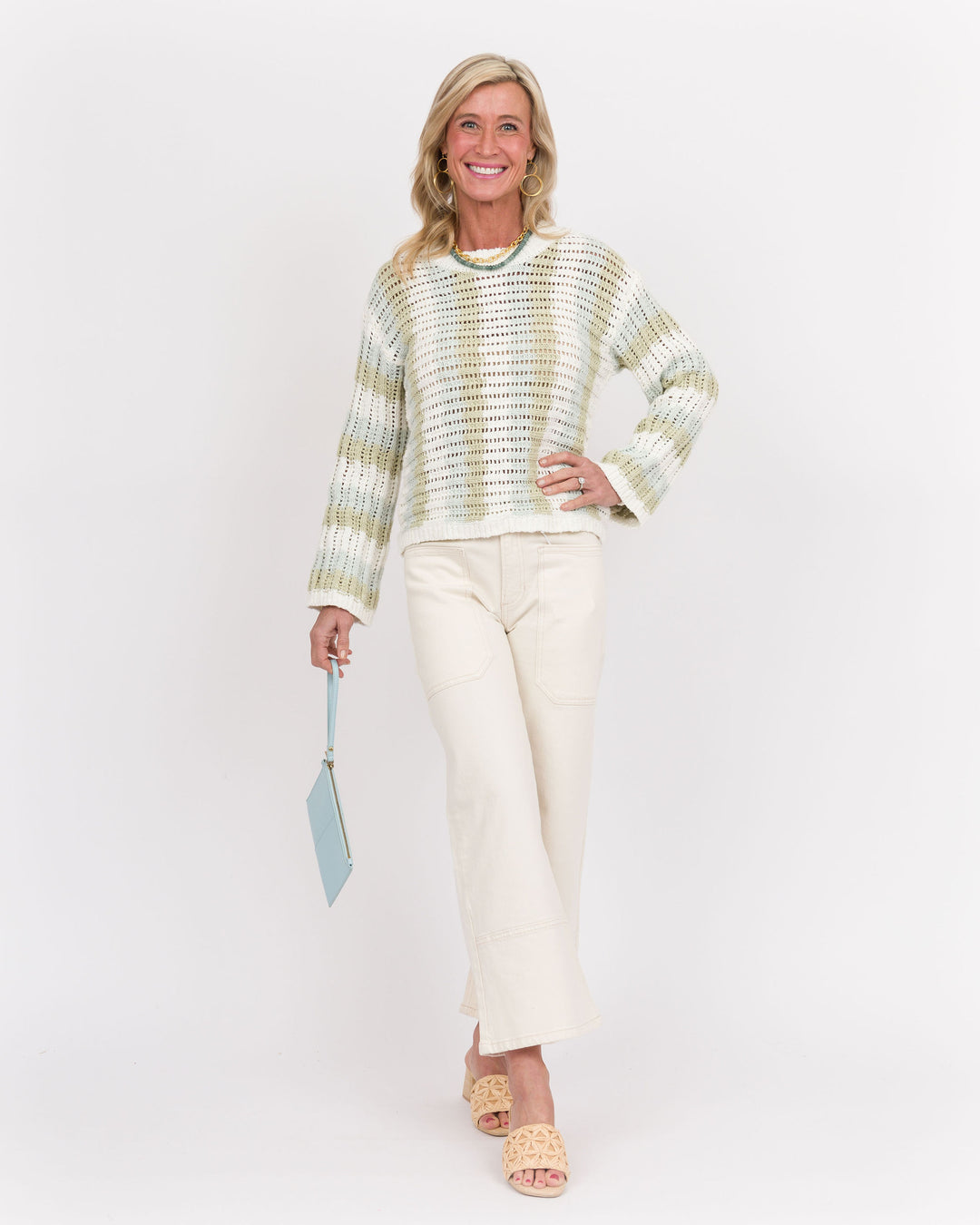 White Green Blue Striped Sweater