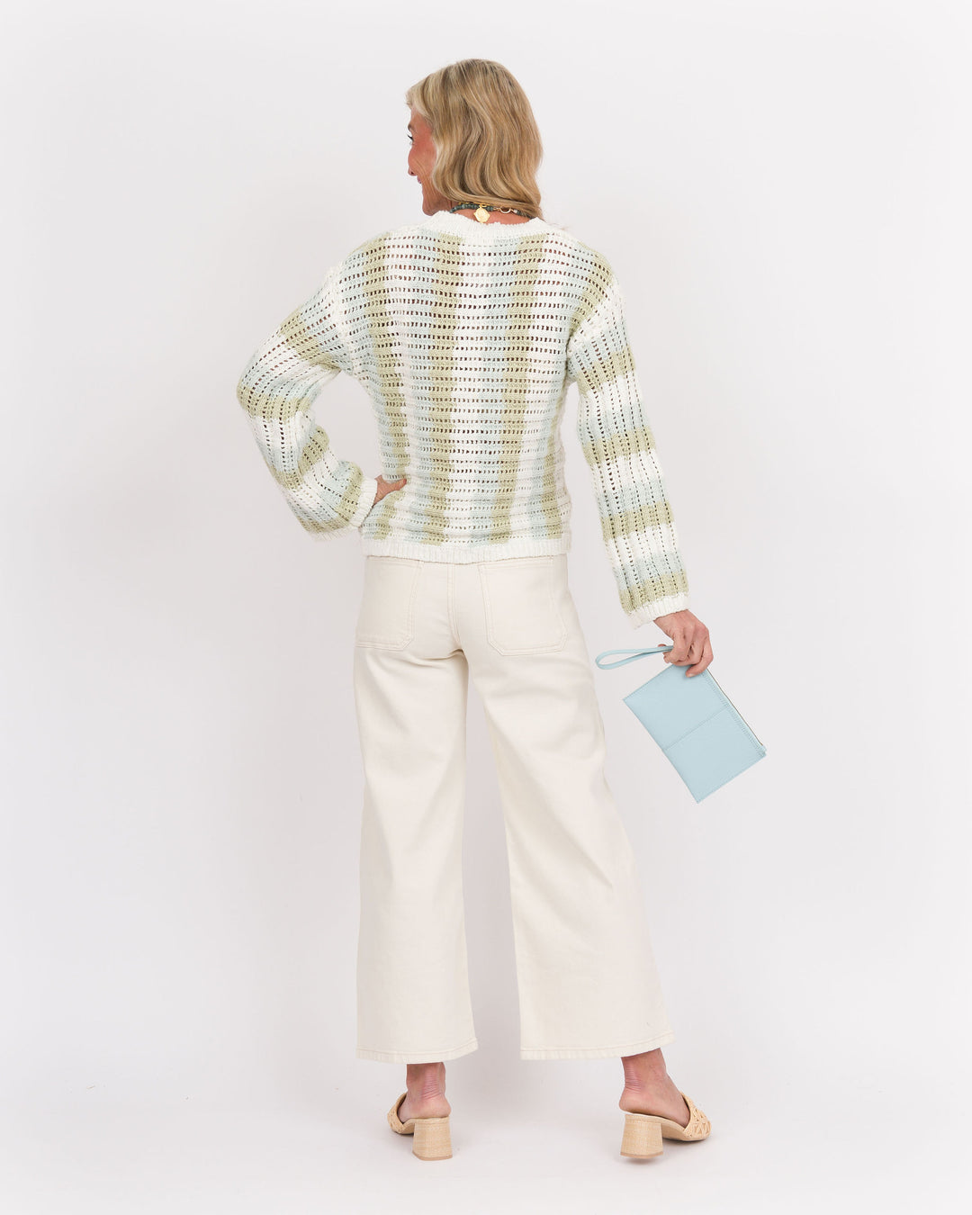 White Green Blue Striped Sweater