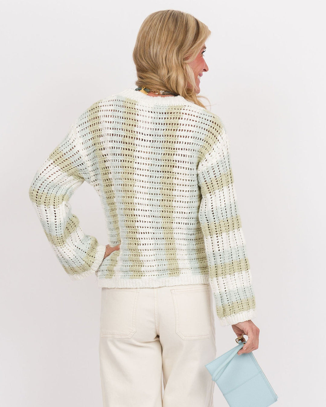 White Green Blue Striped Sweater