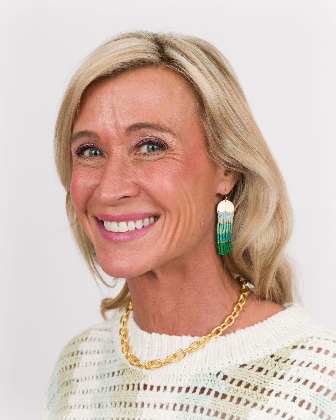 Multi Color Block Seed Bead Tassel Earring - Green