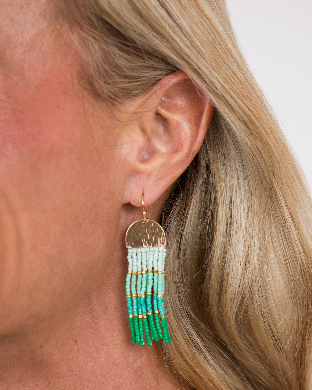 Multi Color Block Seed Bead Tassel Earring - Green