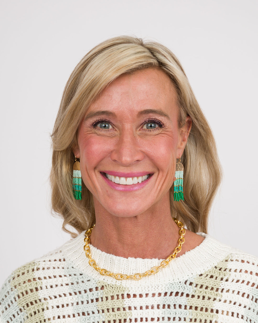 Multi Color Block Seed Bead Tassel Earring - Green