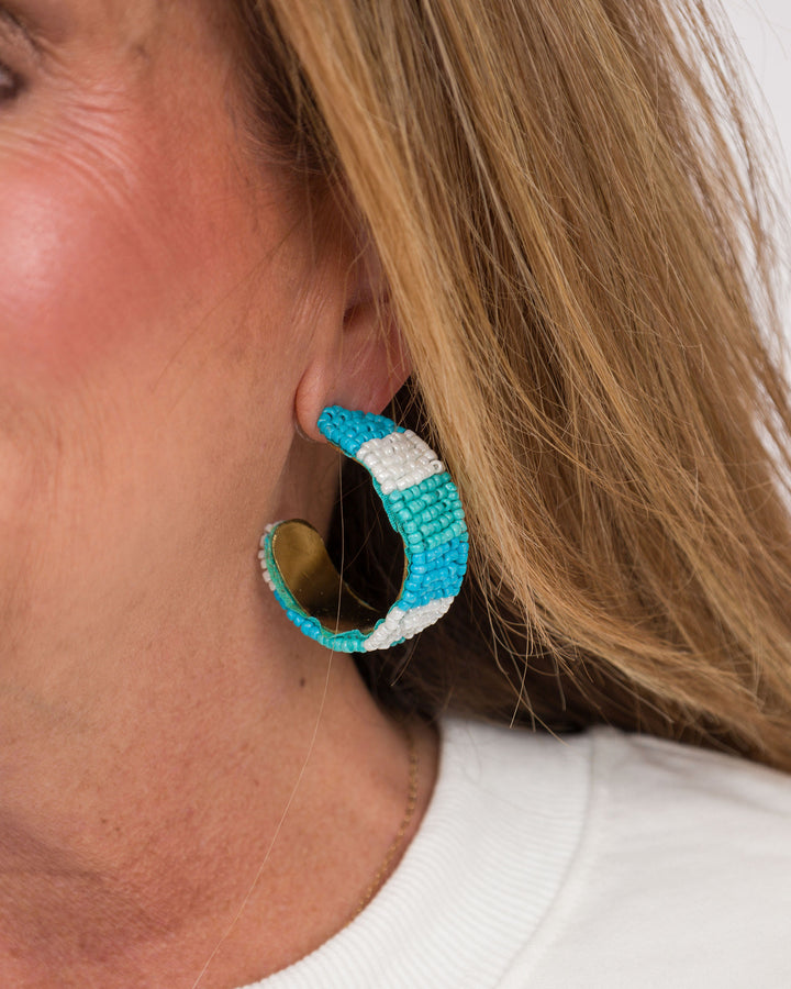 Blue Color Block Beaded Hoops
