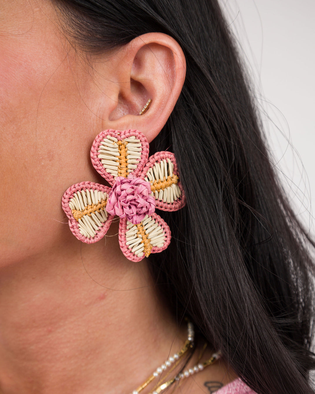 Handmade Palm Earrings Large - Pink