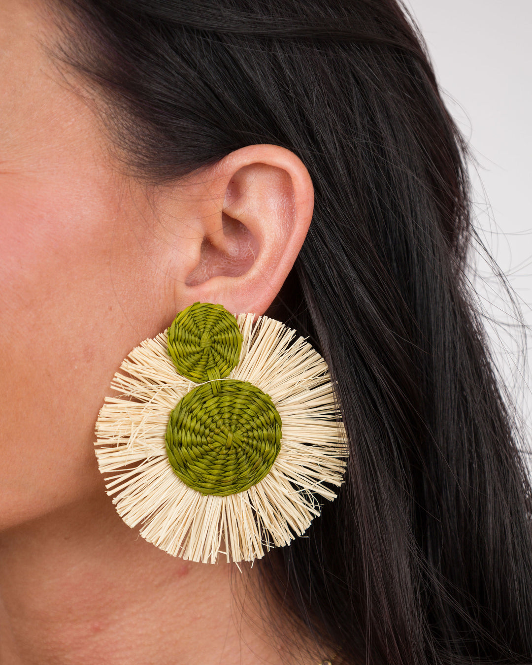 Handmade Natural Palm Earrings Circle with Olive Green