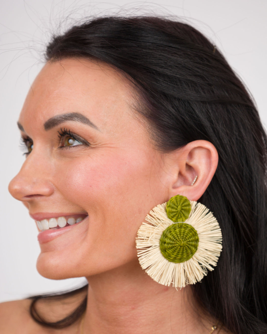 Handmade Natural Palm Earrings Circle with Olive Green