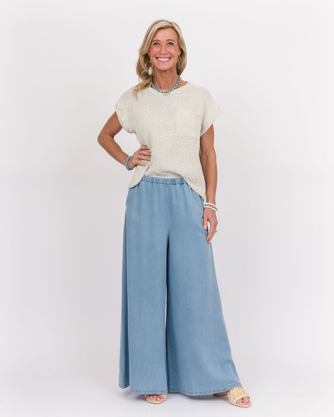 Chambray Wide Leg Pants - Denim