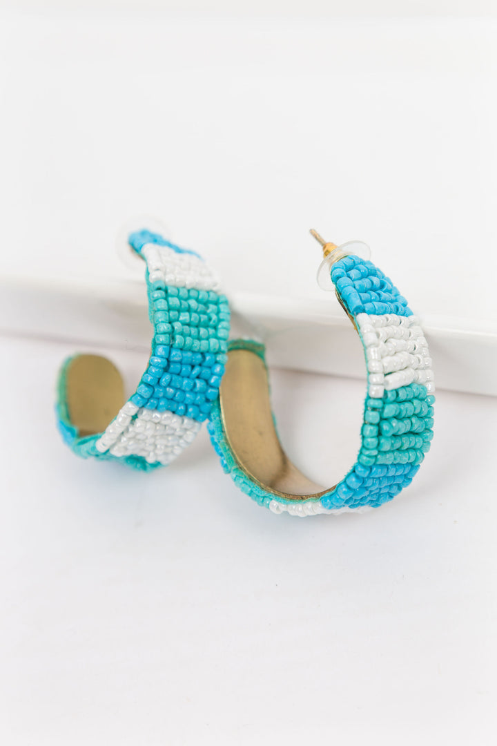 Blue Color Block Beaded Hoops