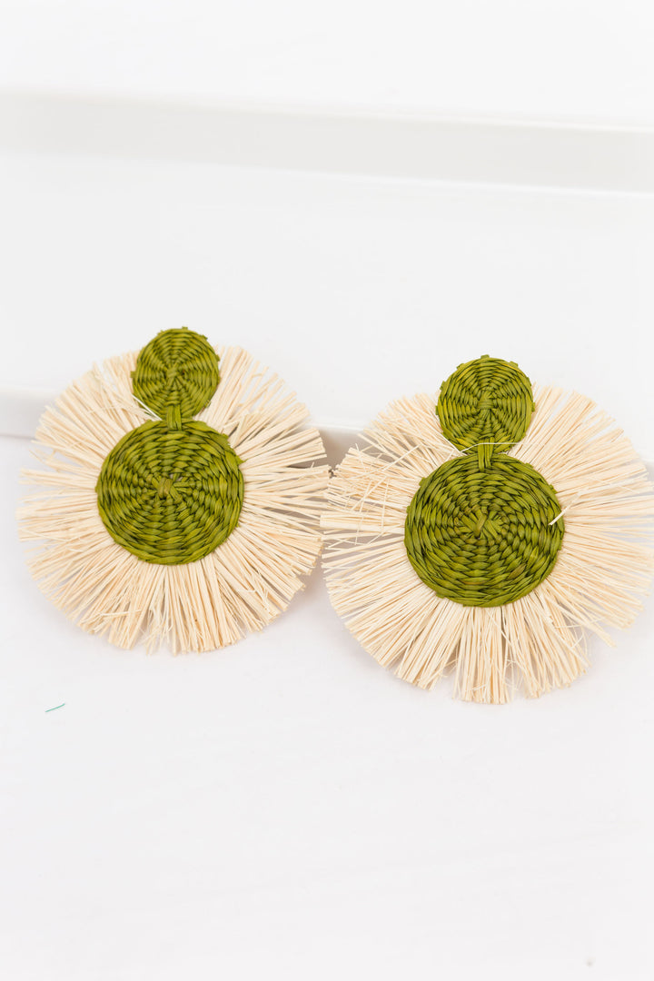 Handmade Natural Palm Earrings Circle with Olive Green