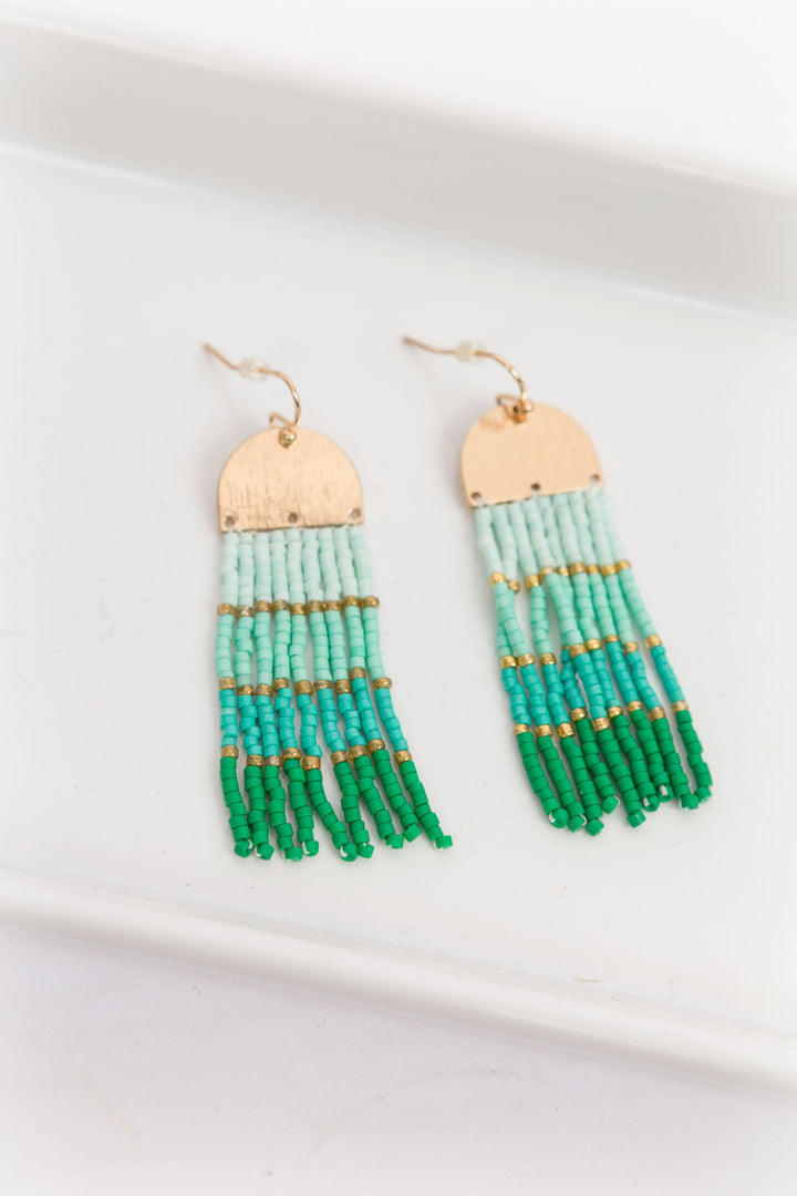 Multi Color Block Seed Bead Tassel Earring - Green