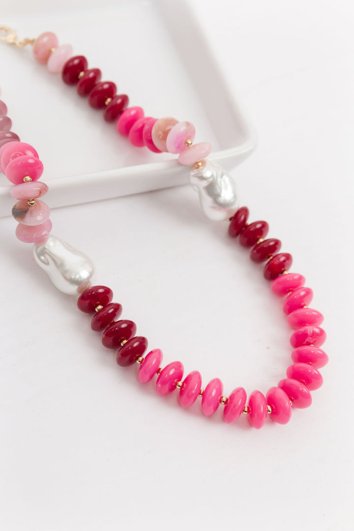 Stone and Flat Bead Necklace - Red & Pink
