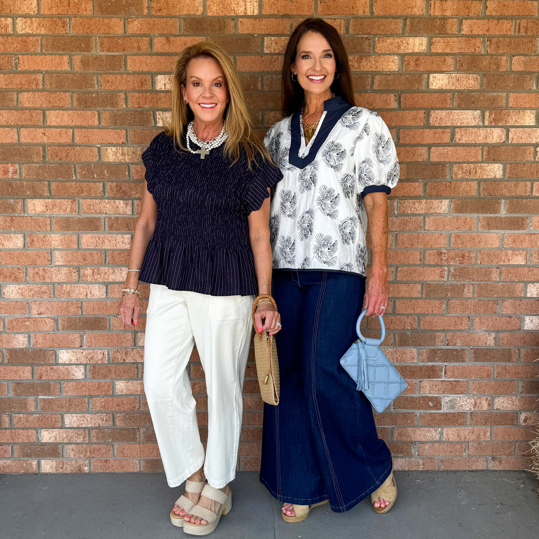 Pinstripe Flutter Sleeve Top - Navy