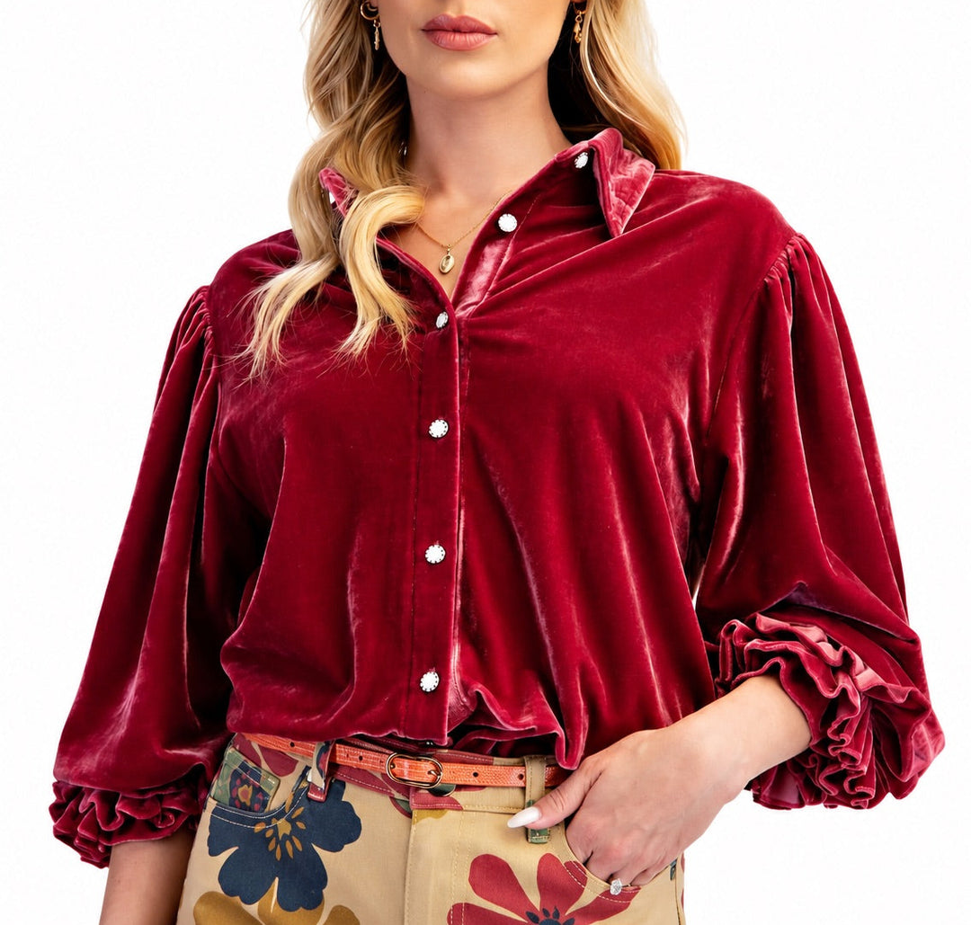 Raspberry Bubble Sleeve Velvet Top