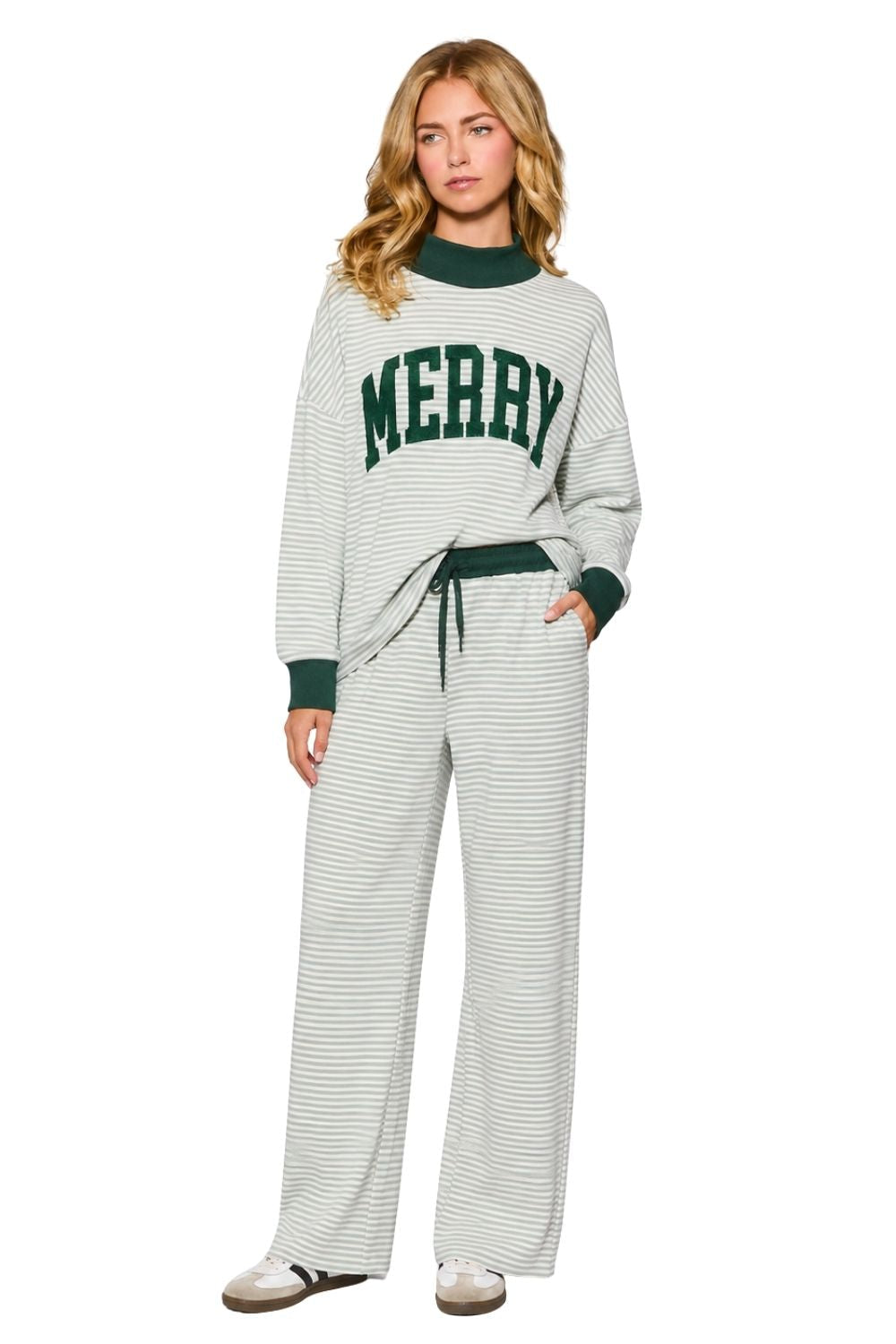 Green Striped Elastic Tie Waist Pants