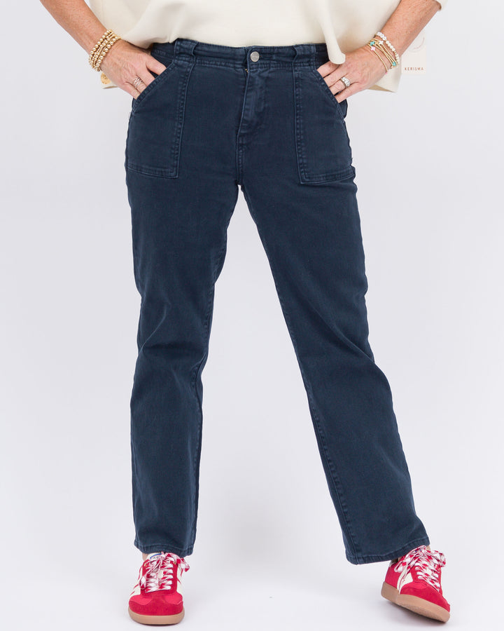 Risen High Rise Patch Pocket Ankle Flare Pants- Blueberry