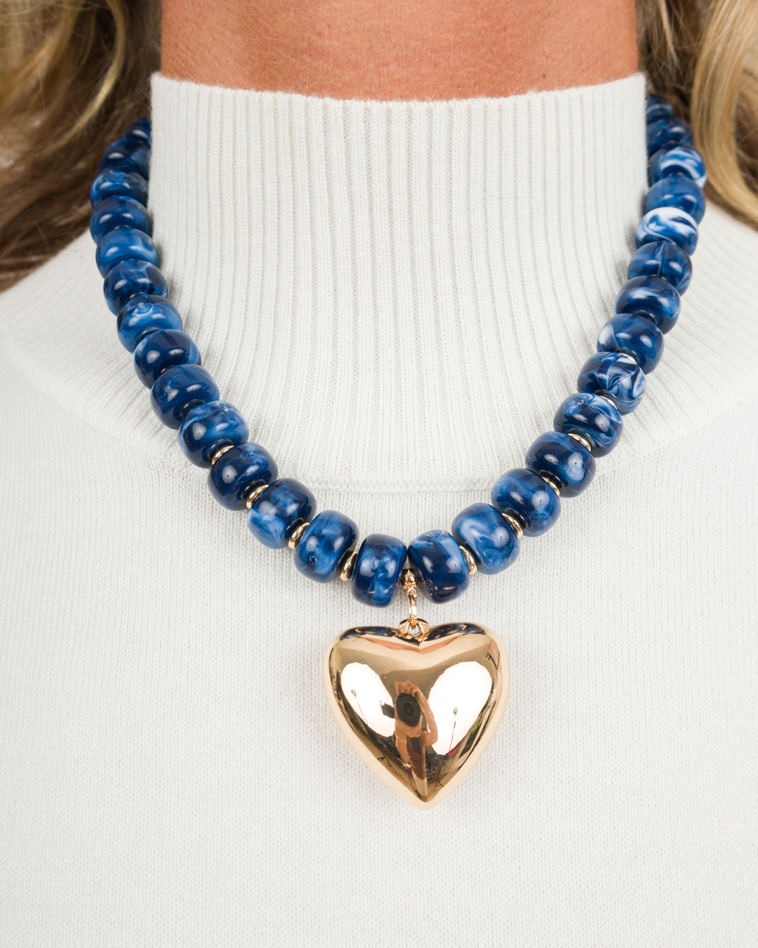 Puffy Heart with Marble Rondelle Necklace - Blue