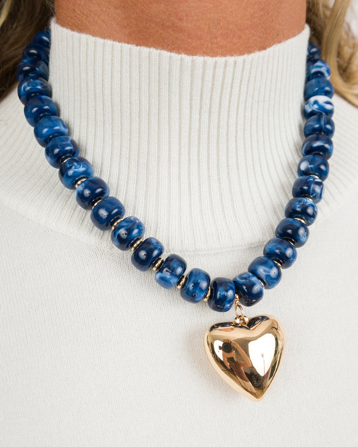 Puffy Heart with Marble Rondelle Necklace - Blue