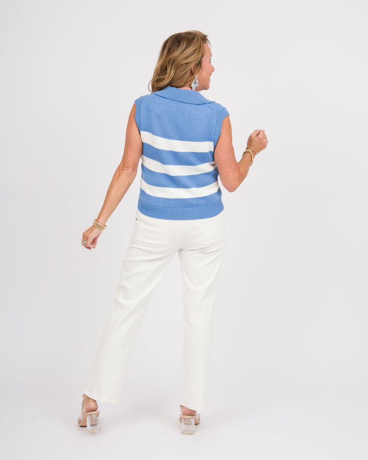 Striped Sleeveless Collared Sweater - Light Blue