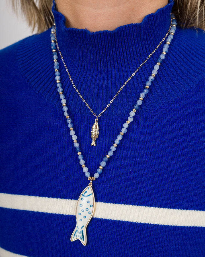 2 Layered Necklace with Fish Charms - Blue