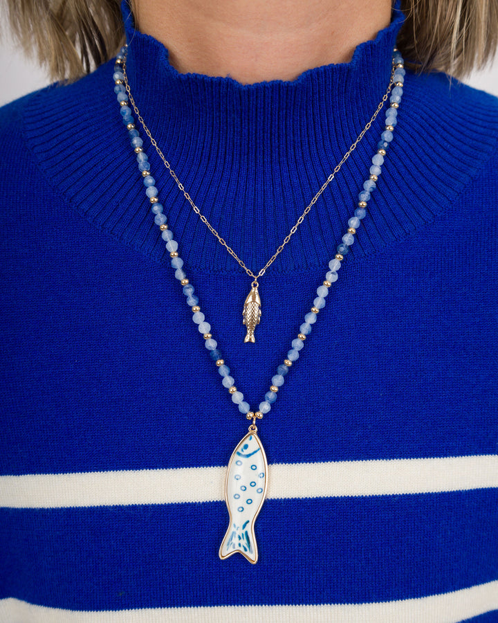 2 Layered Necklace with Fish Charms - Blue