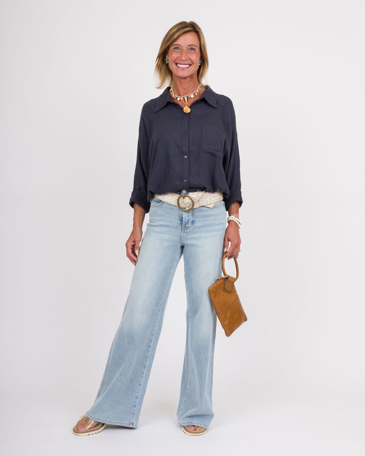 Navy Linen Button Down Top