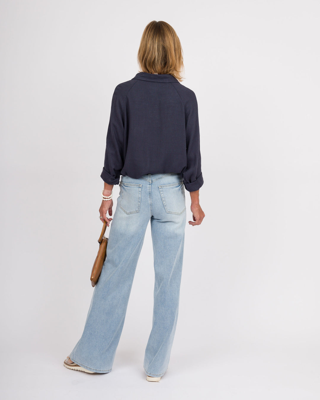 Navy Linen Button Down Top