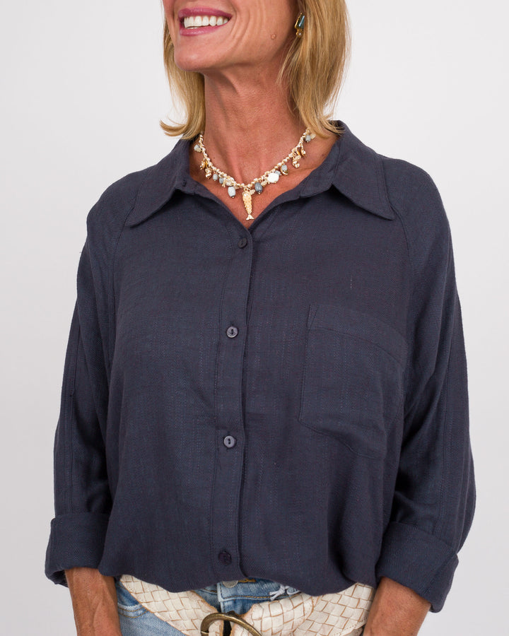 Navy Linen Button Down Top