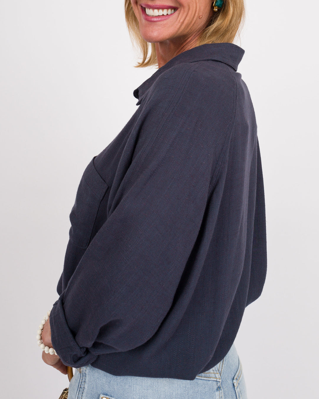 Navy Linen Button Down Top