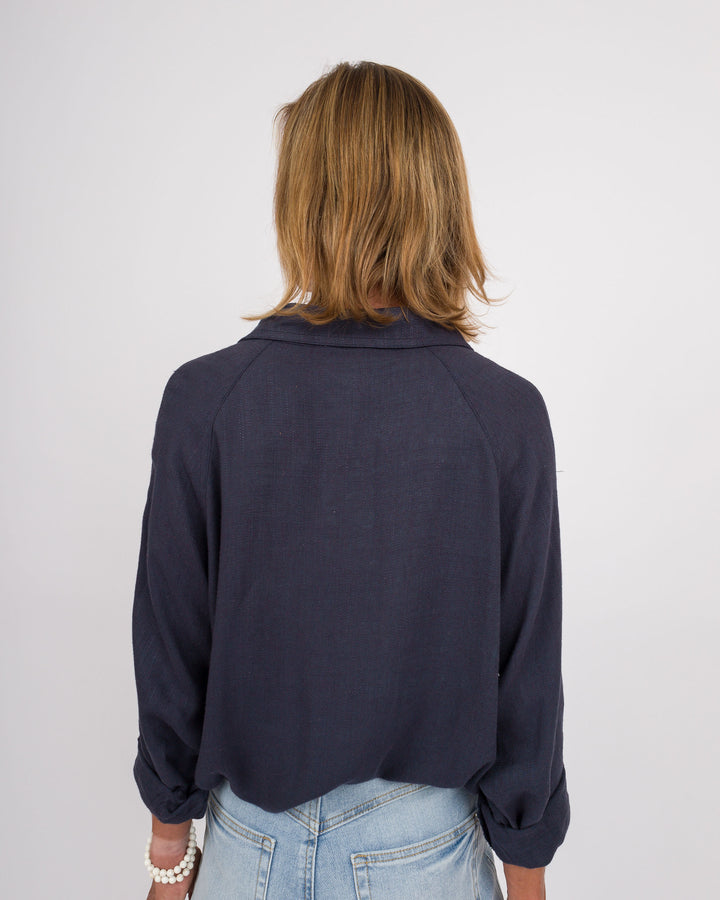 Navy Linen Button Down Top
