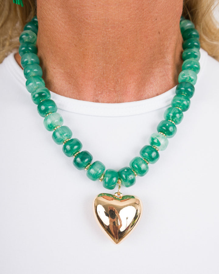 Puffy Heart with Marble Rondelle Necklace - Green