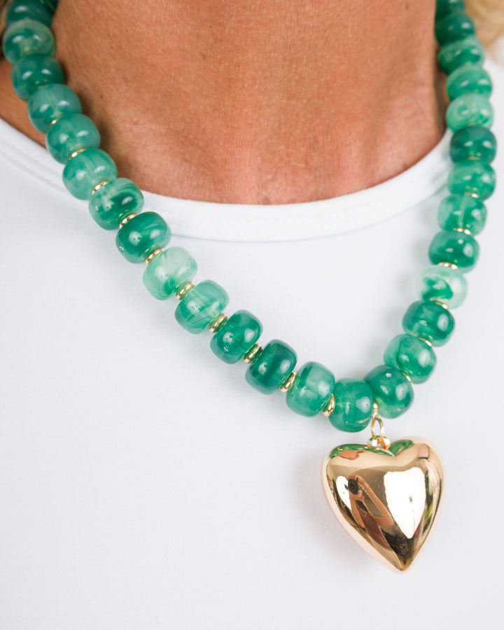 Puffy Heart with Marble Rondelle Necklace - Green