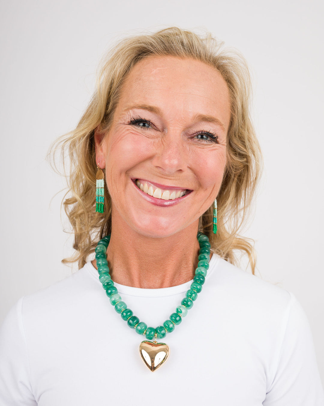 Puffy Heart with Marble Rondelle Necklace - Green