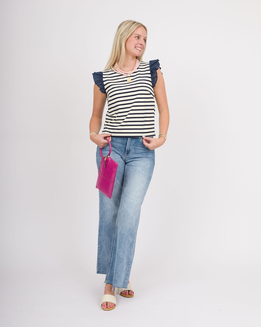 Navy Striped Ruffle Short Sleeve Top - Final Sale