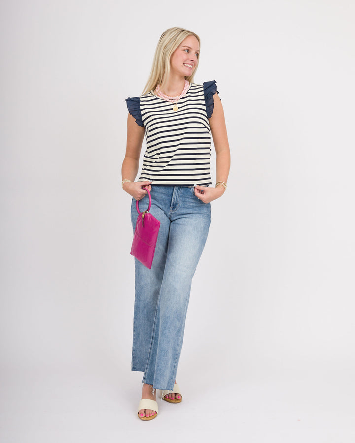Navy Striped Ruffle Short Sleeve Top - Final Sale