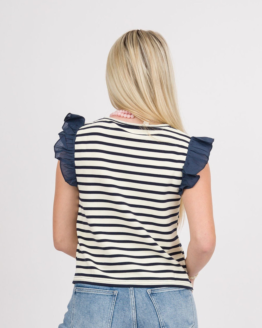 Navy Striped Ruffle Short Sleeve Top - Final Sale