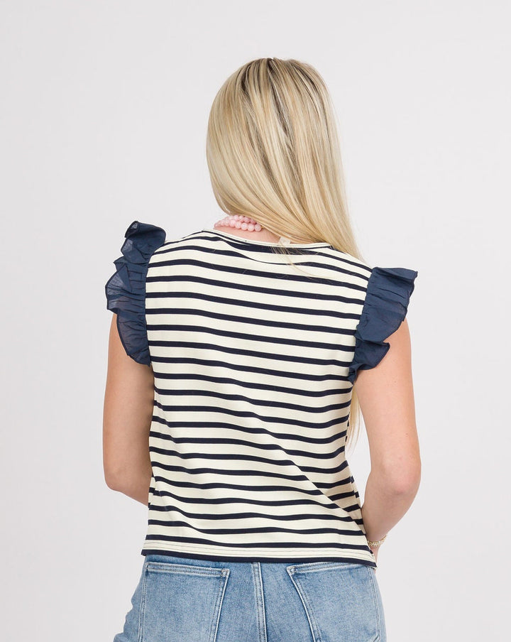 Navy Striped Ruffle Short Sleeve Top - Final Sale