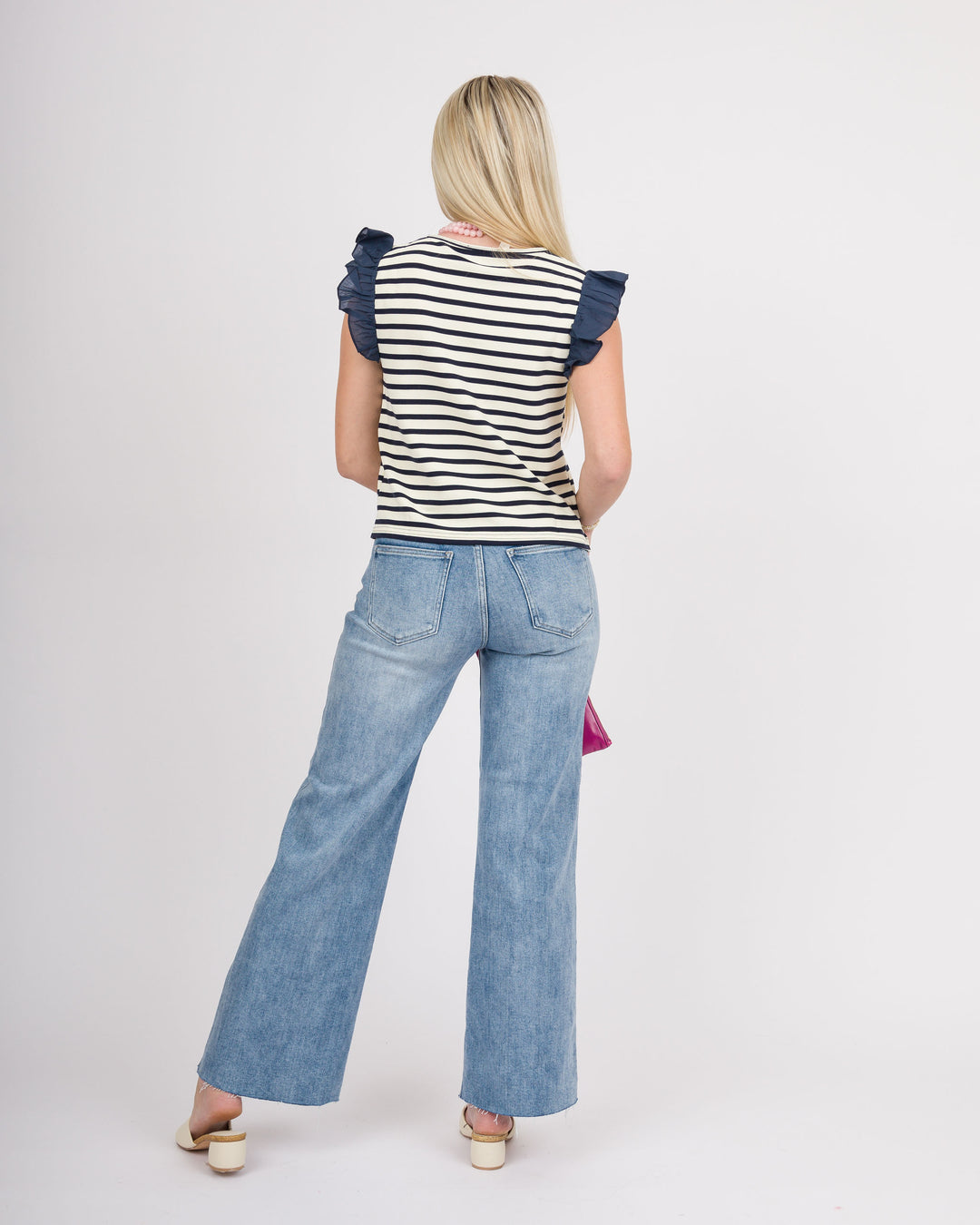 Navy Striped Ruffle Short Sleeve Top - Final Sale