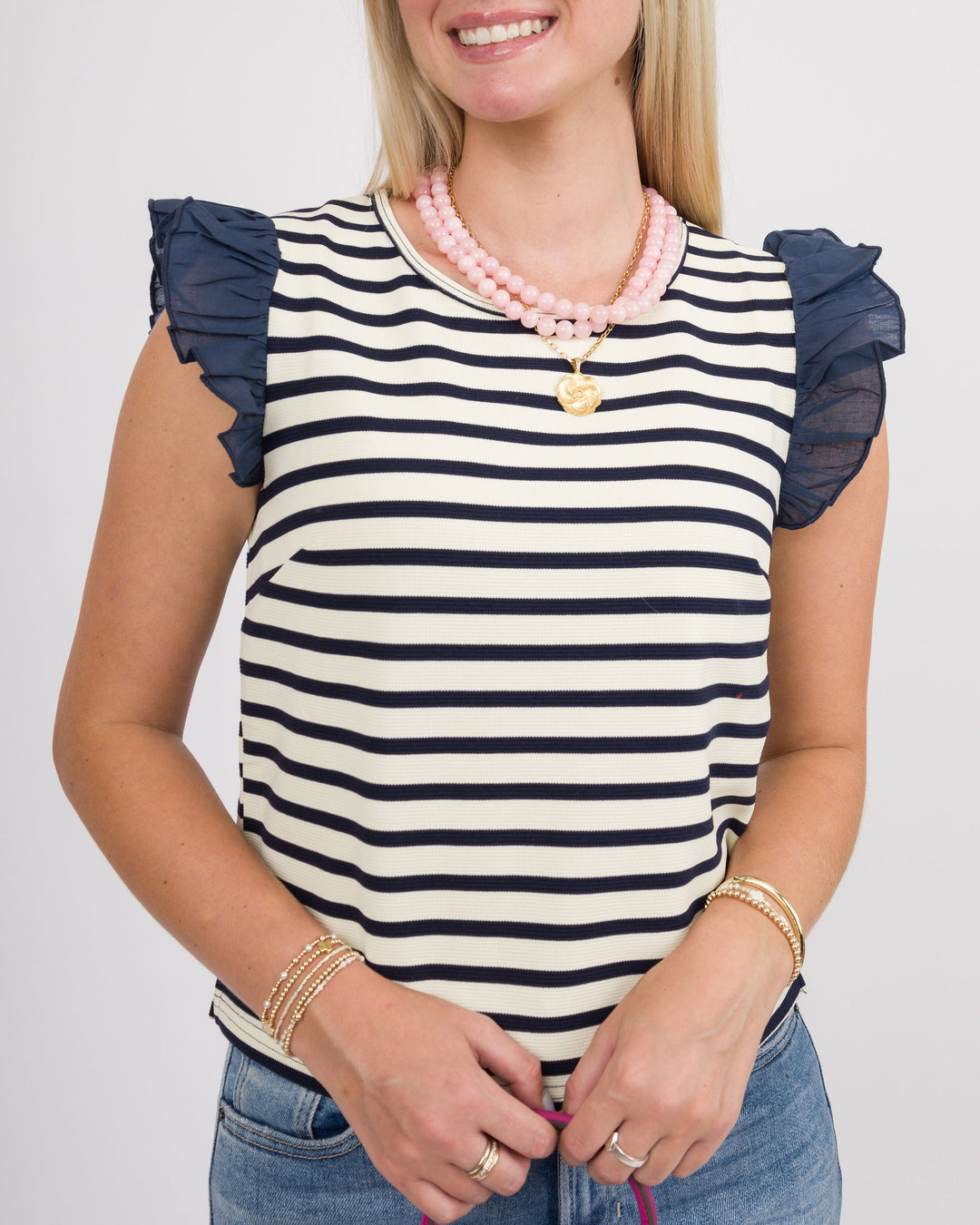Navy Striped Ruffle Short Sleeve Top - Final Sale