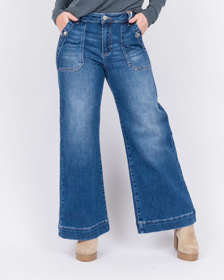 Risen High Rise Patch Pocket Front Wide Leg Ankle Jeans - Dark