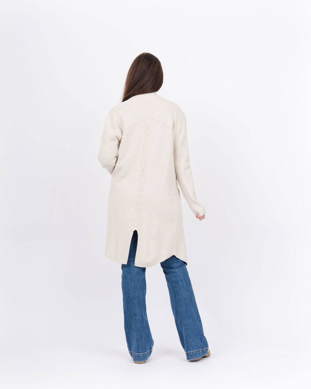 Heavenly-Luxe Long Cardigan with Lattice Back - Oatmeal