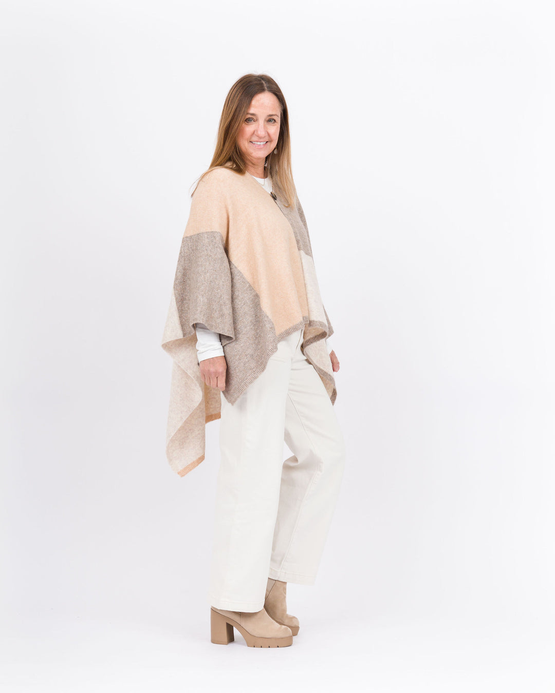 Everly Supersoft Button Front Poncho - Brown/Beige