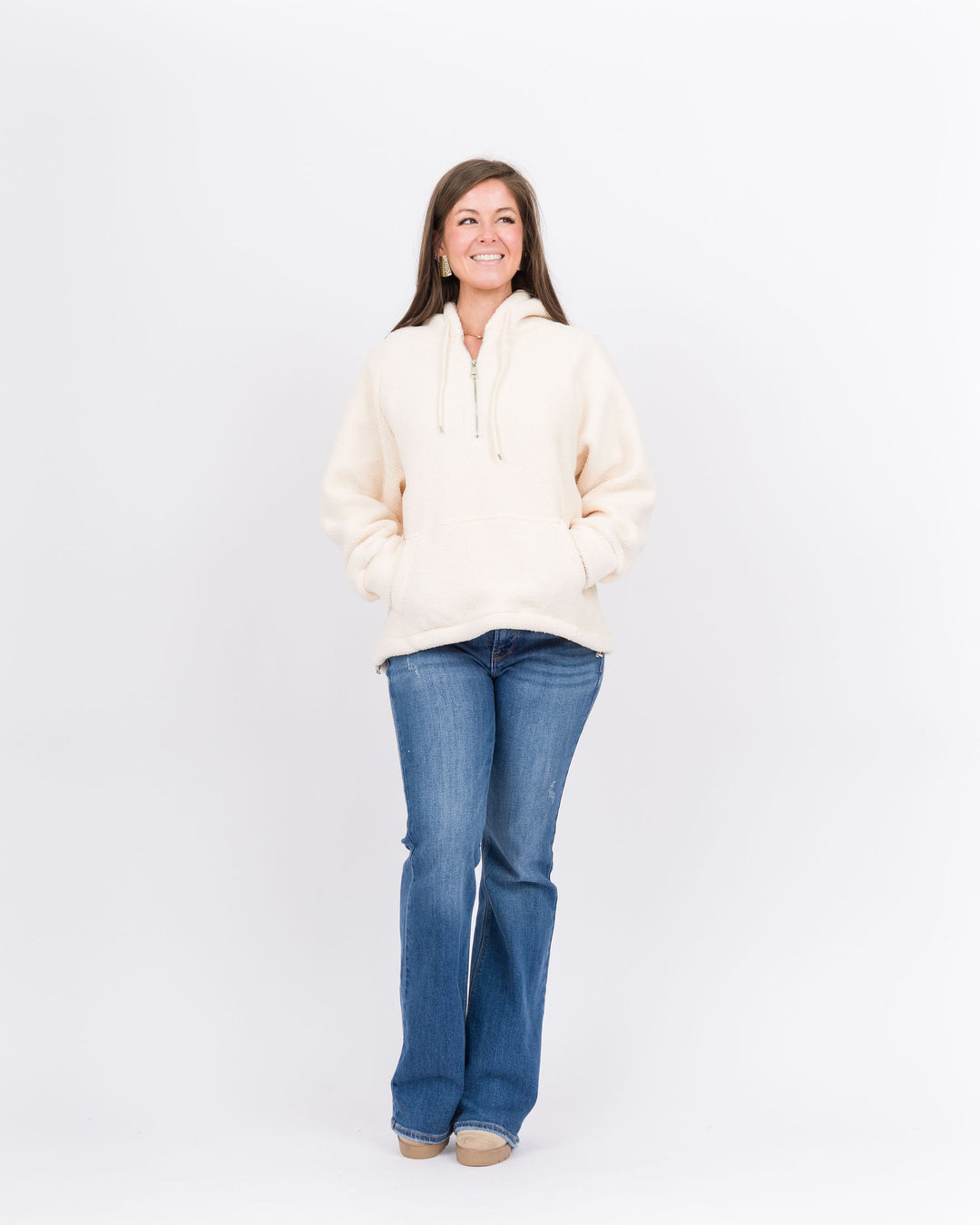 Mackenzie Brushed Half-Zip Hooded Sweatshirt - Cream