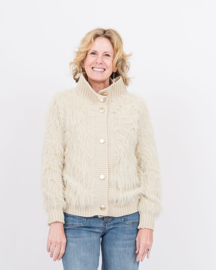 Adina Faux Fur Button Front Cardigan - Buttercream